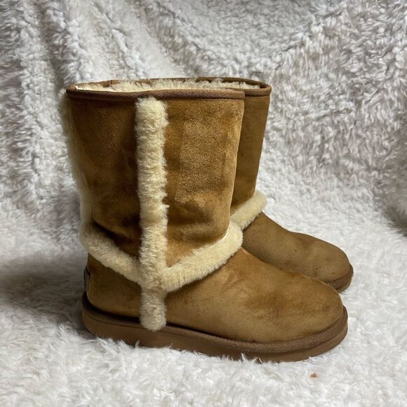 UGG chestnut leather suede with fur accents and metal back plate size 8 - Picture 6 of 16